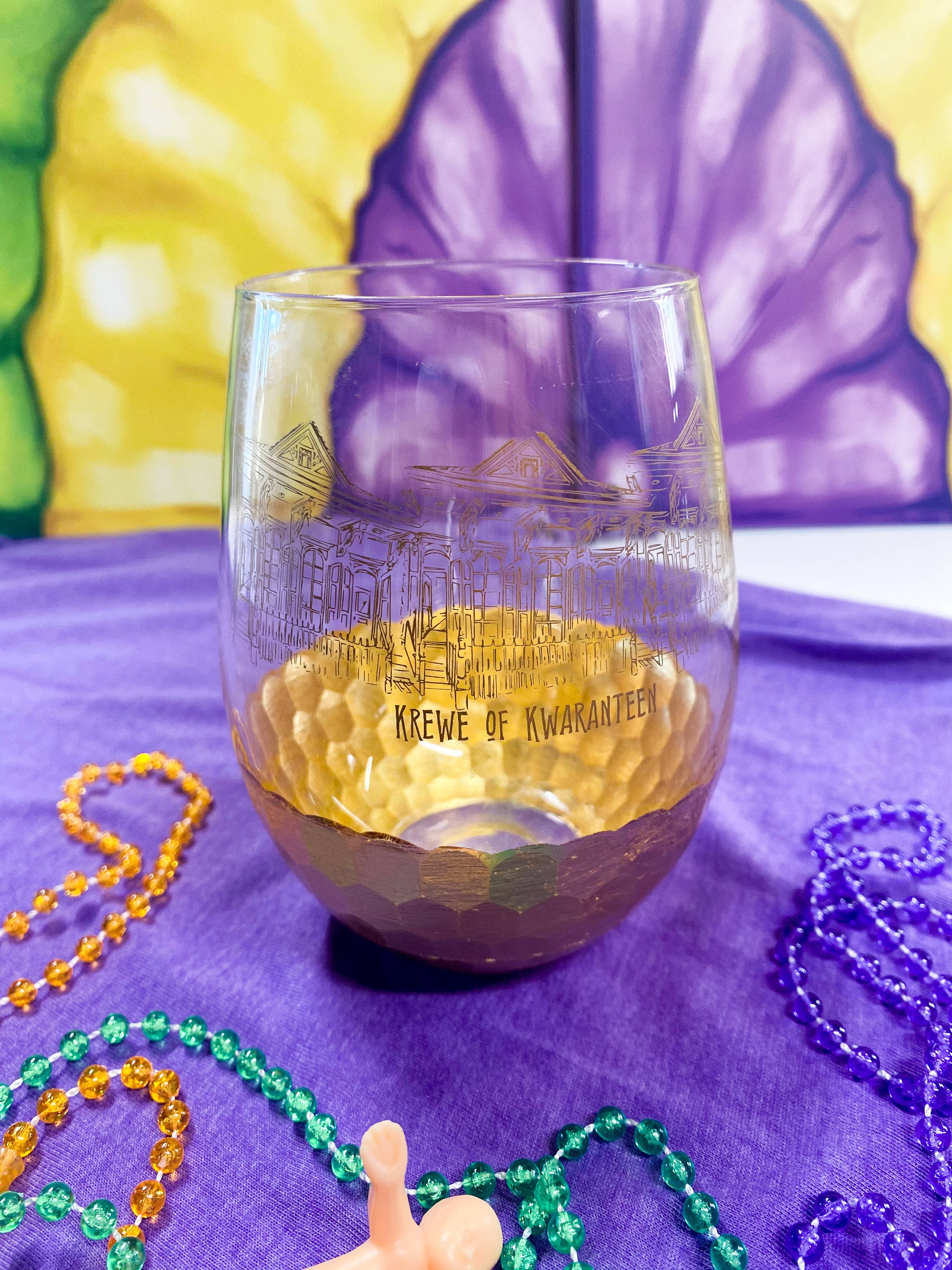 Pink House On River Road - Wholesale Wine glass - Krewe of Kwaranteen Hand Painted Gold Stemless Wine Glass0