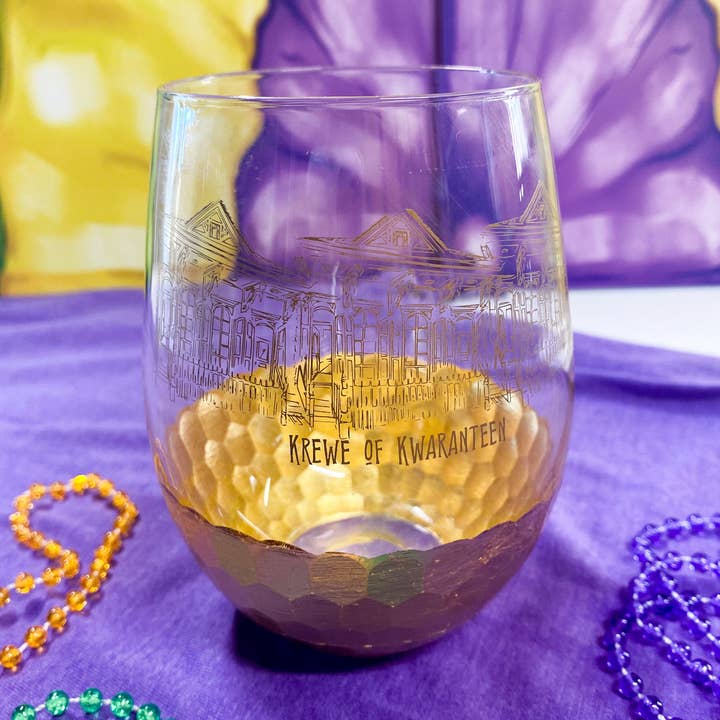Pink House On River Road - Wholesale Wine glass - Krewe of Kwaranteen Hand Painted Gold Stemless Wine Glass0