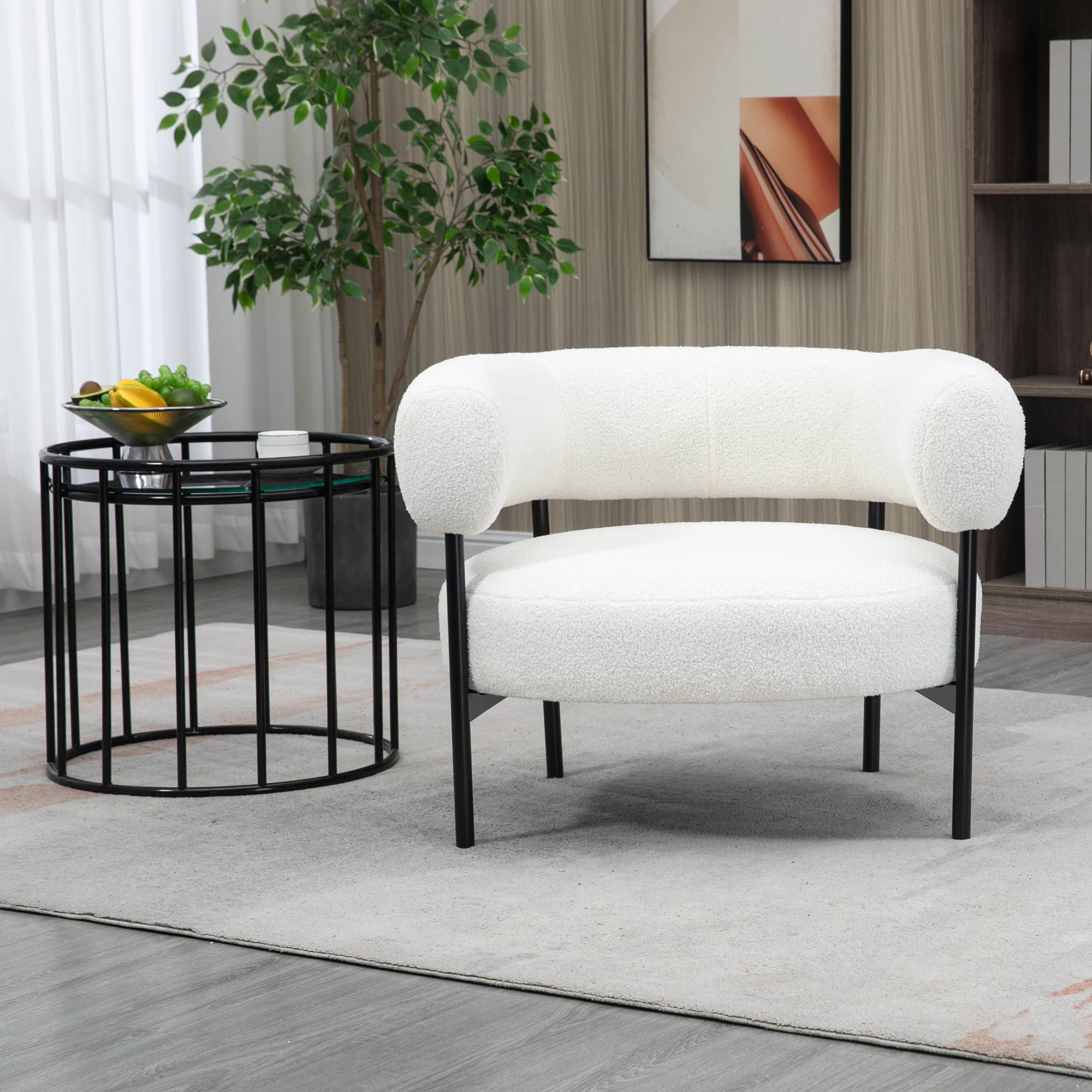 Glamour Home - Vente Chaises - Fauteuil d'appoint Ayuka en tissu bouclé blanc avec pieds en fer noir7