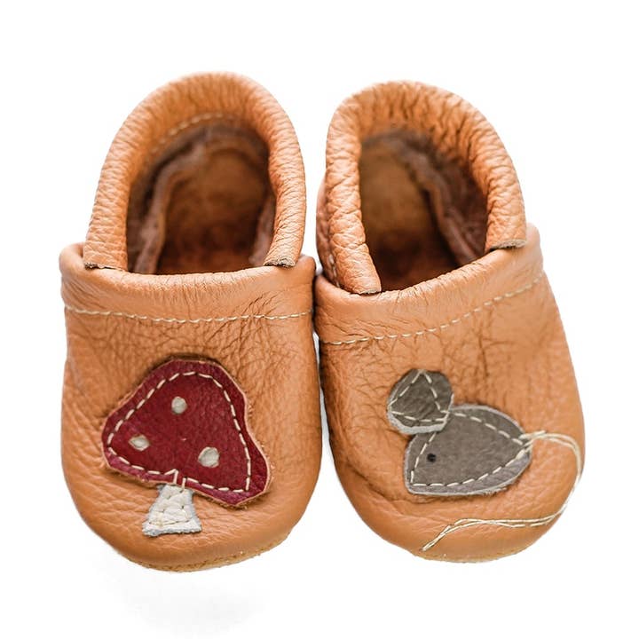 Mushroom & Mouse Leather Baby Shoes & Toddler Moccasins for wholesale by Starry Knight Design