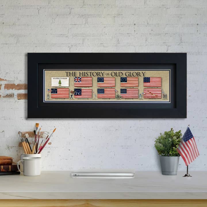 La historia de Old Glory - Enmarcado con doble paspartú negro de 2", moldura plana de 6" x 24" para venta al por mayor de History America