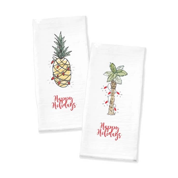 Holiday Palm Tree and Pineapple Tea Towel for wholesale by Dodeline Design