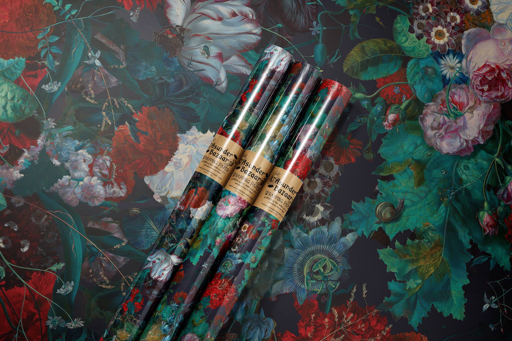 Asunder Bazaar - Wholesale Wrapping Paper Roll - Dark Floral Maximalist Wrapping Paper Set 3 Sheet Roll1