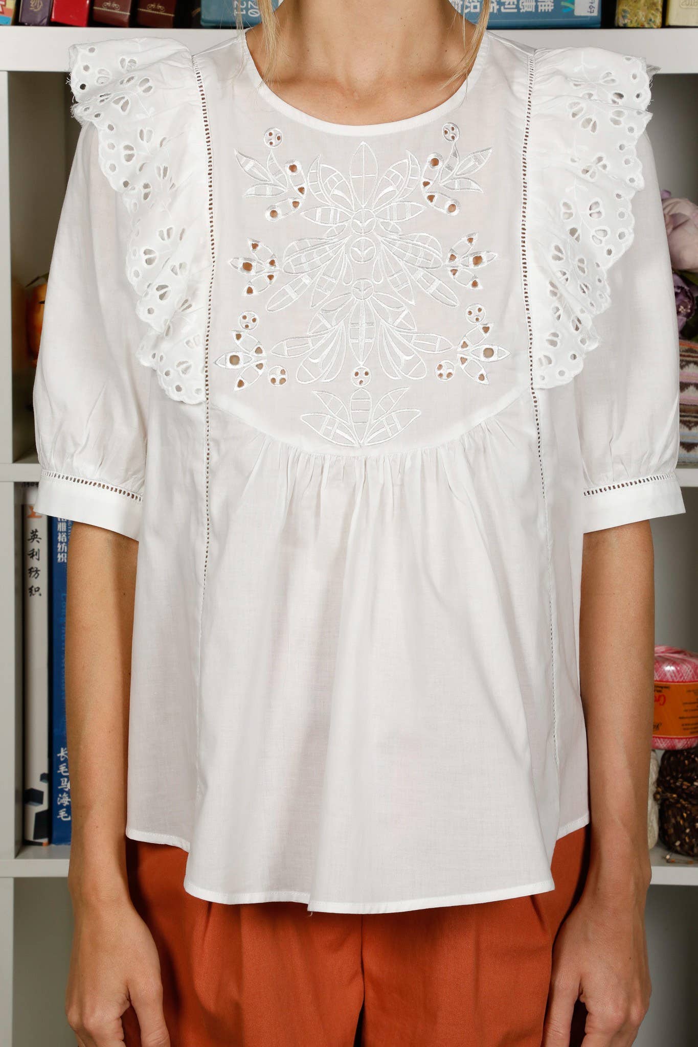 Off White Floral Embroidery Ruffle Detail 100%Cotton Blouse VT31025- for wholesale on Faire3