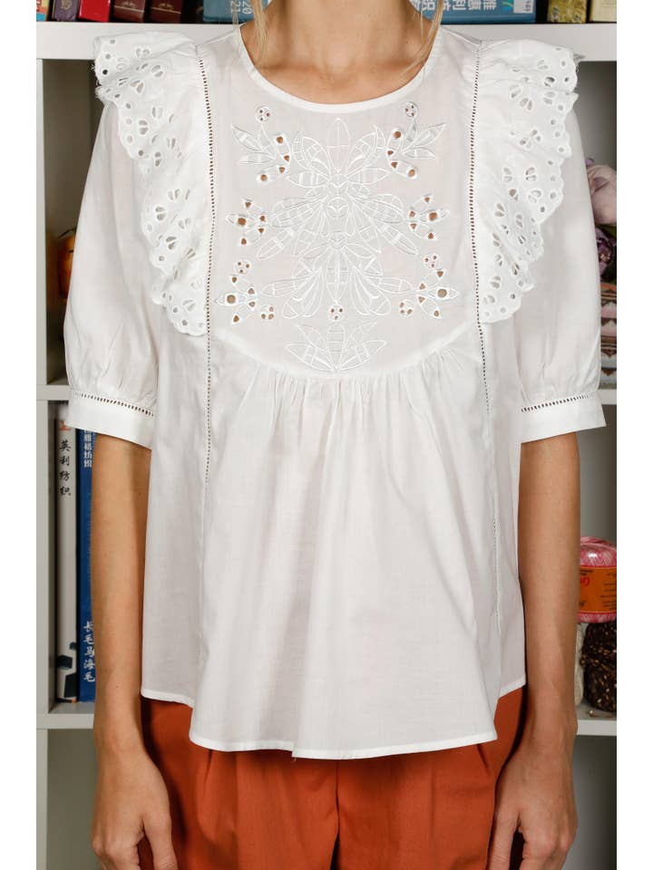 Off White Floral Embroidery Ruffle Detail 100%Cotton Blouse VT31025- for wholesale on Faire3