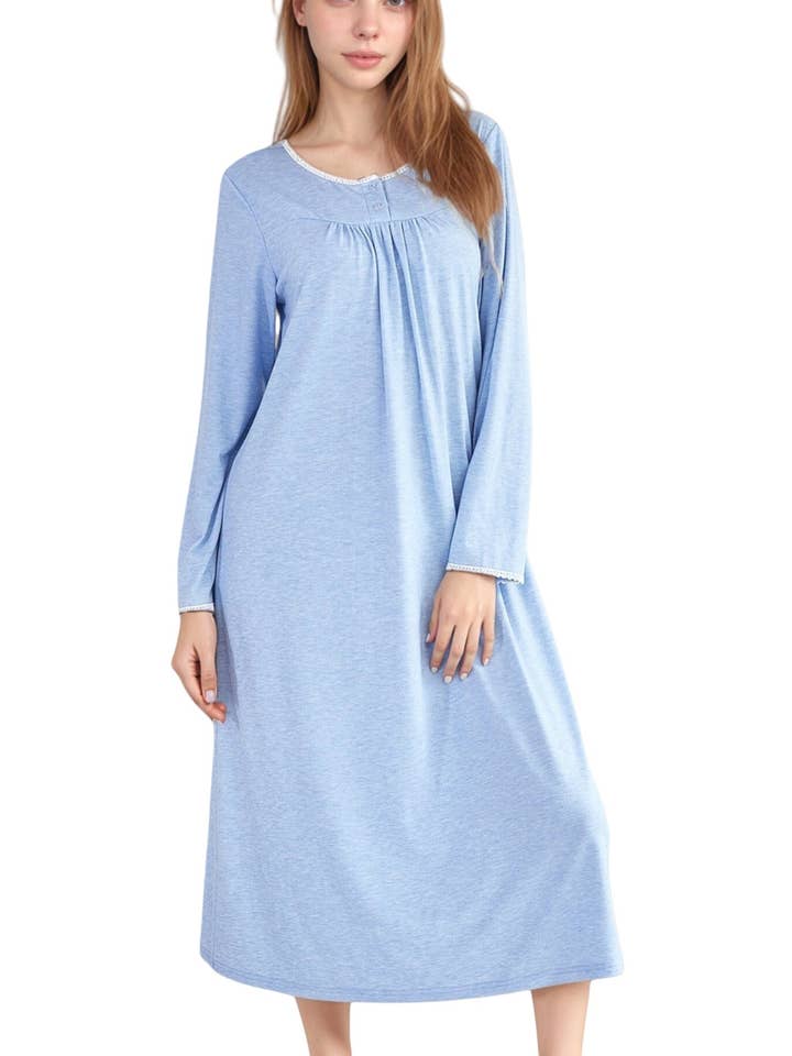 Long Sleeve Pullover Nightgown with Lace Trim and Front Butt for wholesale by Anna Kaci Wholesale