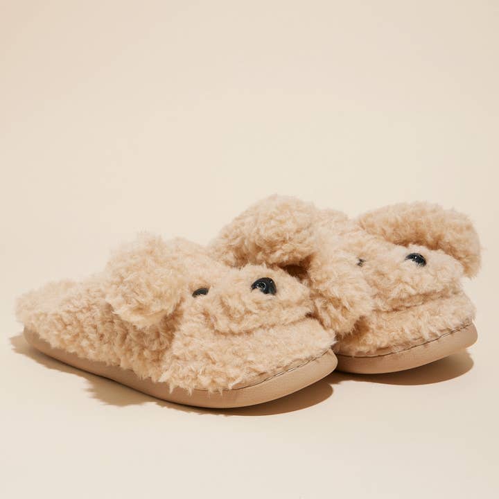 Beige Doggie Basic Fuzzy Slippers for wholesale on Faire