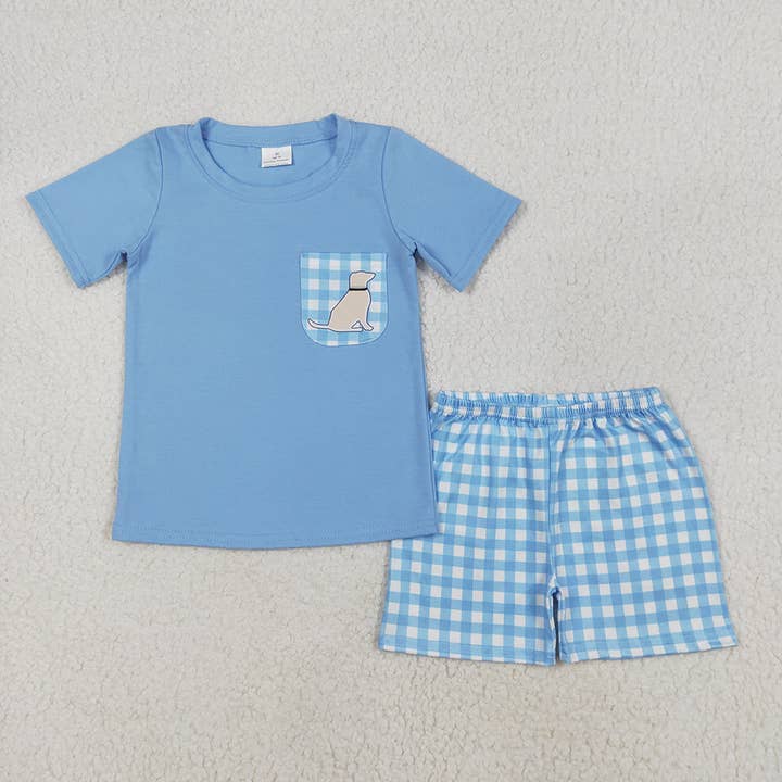 Baby Boys Blue Dog Pocket Shirt Shorts Clothes Sets for wholesale by Aier Wholesale
