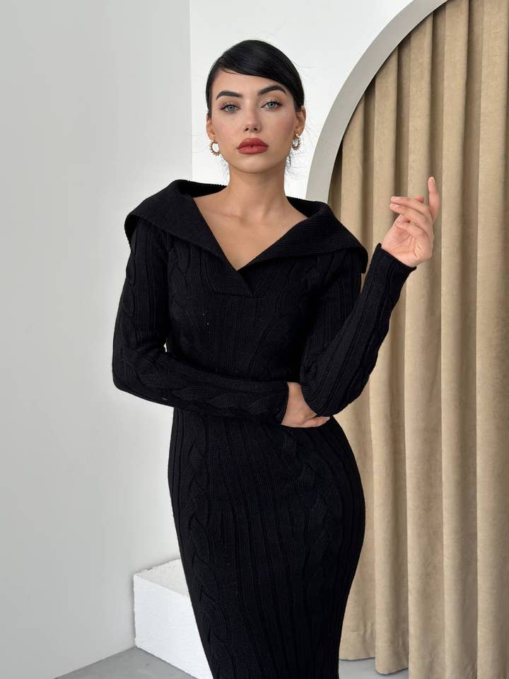 Design company-Fatma Balkir - Wholesale Dress - Women's - Wide Collar Cable Knit Long Slim Dress – Fitted Tricot dress8