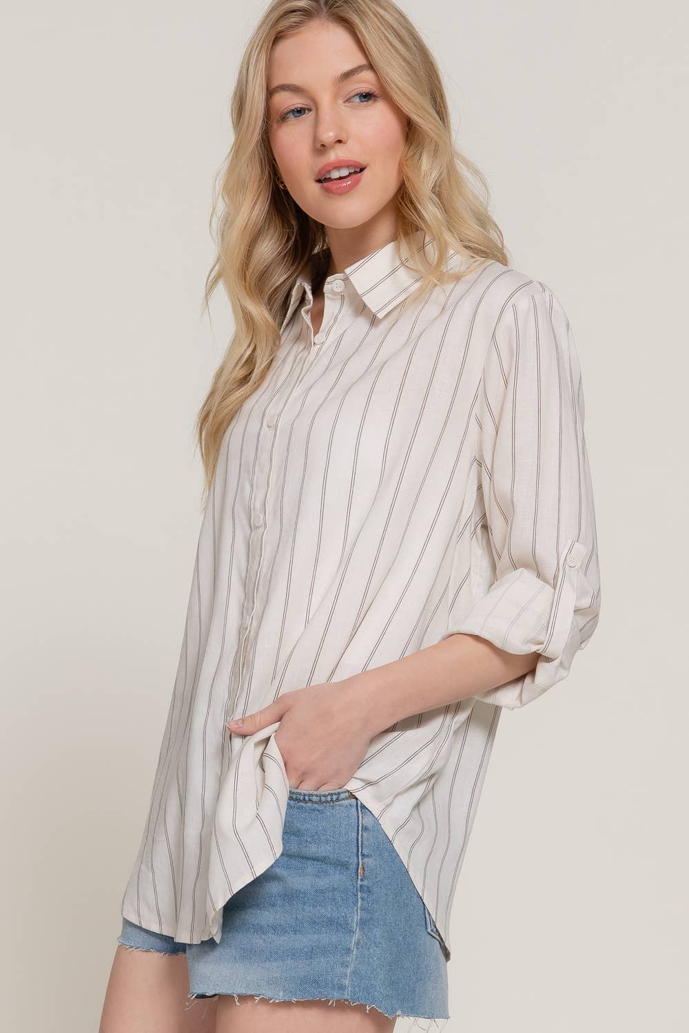 Active Basic | Active USA - Wholesale Button Down Shirt - Women's - Long Sleeve Button Down Stripe Linen Oversized Shirt16