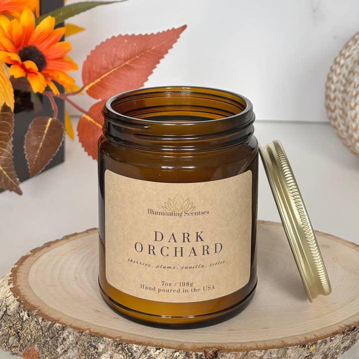 Dark Orchard 7oz Amber Jar | Coconut Soy Scented Candle for wholesale by Illuminating Scentses