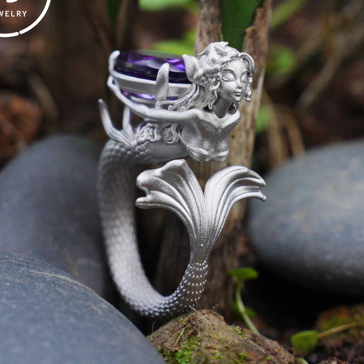 Anel de Ametista Feito à Mão em Prata 925 · Joalharia Gótica Misteriosa em Estilo Sereia · Presente para Mulheres ou Ocasiões Criativas por atacado de idjewelry