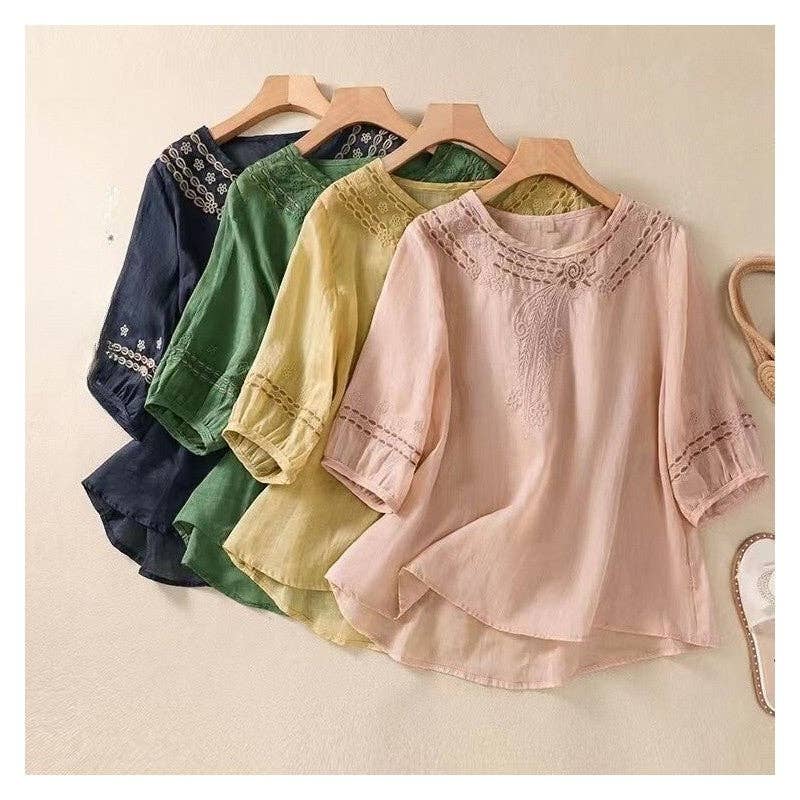 FurDecoration – wholesale Blouse – Women’s – Flowy Embroidered Linen Blouse - Perfect for a Sleek Silhouette3