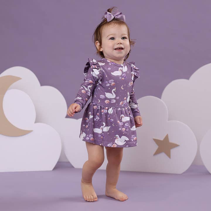 Midnight Swan Long Sleeve Organic Dress for wholesale by Snuggle Hunny