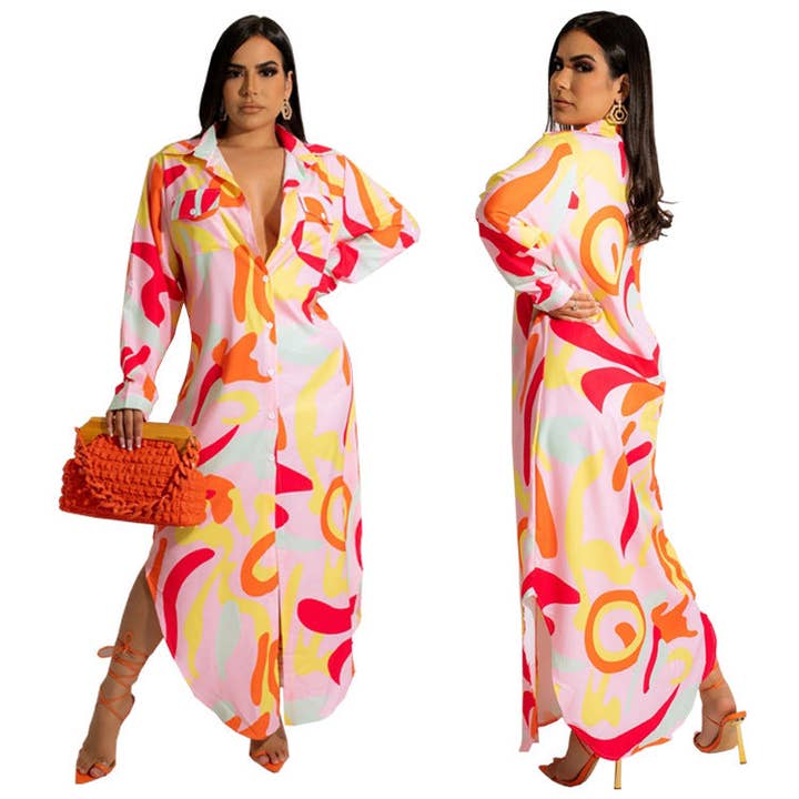 pinkblu02 - Wholesale Dress - Women's - Women Fashion Vacation Boho Style Graphic Long Sleeve Maxi Shirt Dress