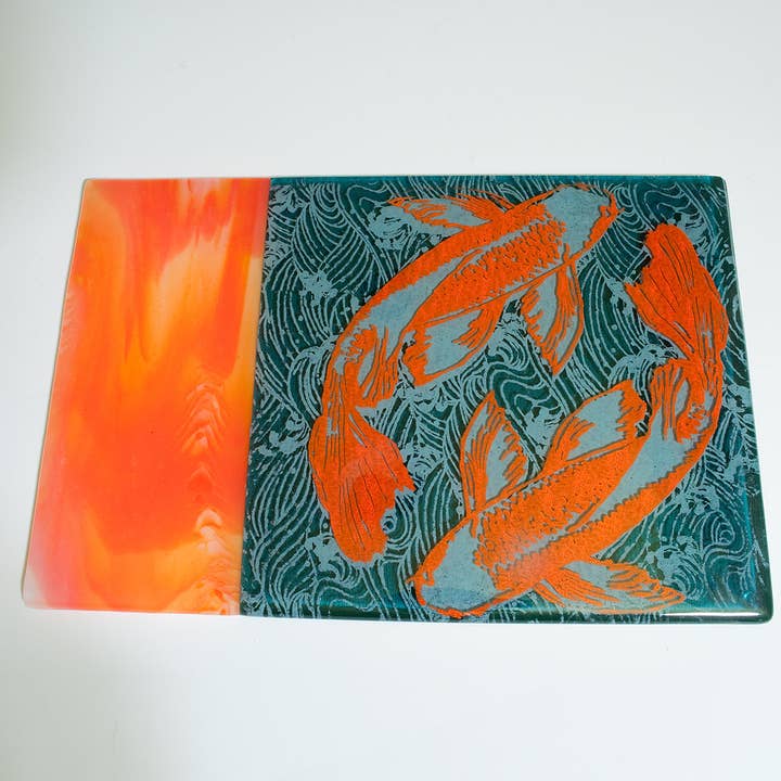 Kiku Handmade | Contemporary Fused Glass Home Goods - Wholesale Cheese Board - Koi 7x11" Fused Glass Cheese Plate4
