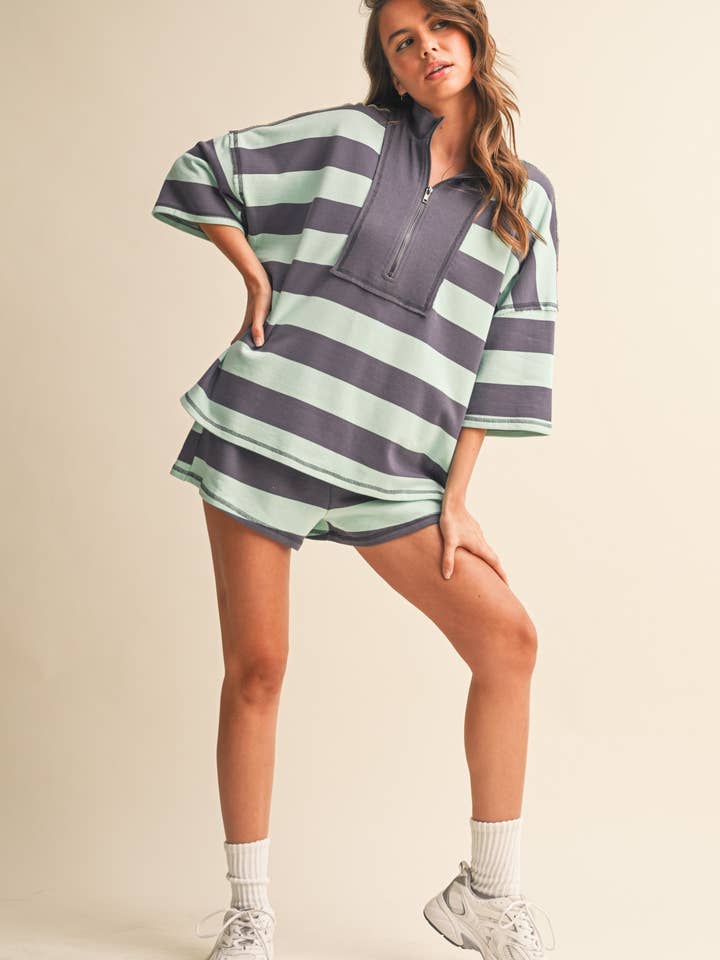 IST5983-A STRIPED HALF ZIP TOP AND SHORTS SET for wholesale by Klesis