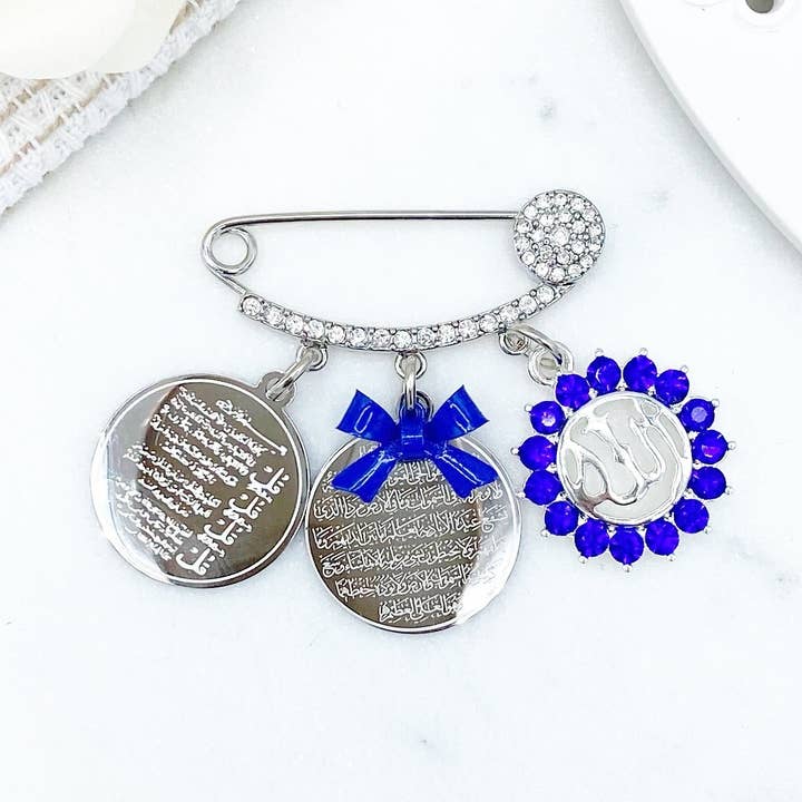 Silver Royal Blue Ayatul Kursi, 4 Qul & Allah Mini Pin - Crystals, Nazar, Protection, Blessing, Muslim, Islam, Baby Pin, Clothing Pin for wholesale by Just For Bubba