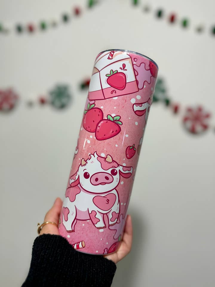 Pink Cow Strawberry 20 oz Tumbler with Lid and Straw for wholesale by Alexa Miscreations Shop
