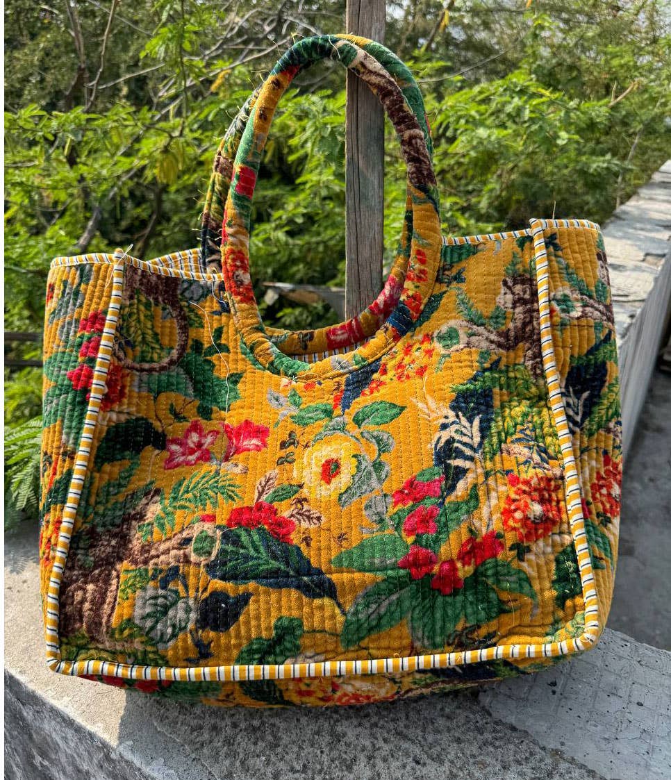 GYPSY STUDIO - Wholesale Shoulder Bag - Women's - Yellow Velvet Quilted Tote Bag Hand Shopping Block Print Bag0