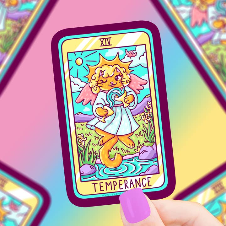 Temperance Cat Major Arcana Tarotkort Vinylklistermærke for engroshandel hos Turtle's Soup