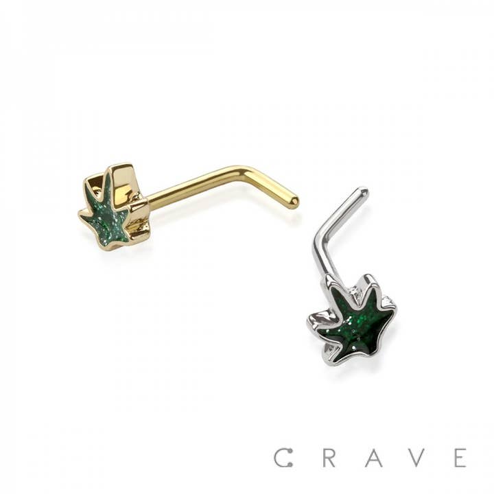 CRAVE BODY JEWELRY - Wholesale Nose Ring - GLITTER CANNABIS POT LEAF 316L SS NOSE "L" BEND SHAPE