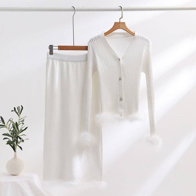 safistyle - Wholesale Top & Skirt Set - Women's - Knit Feather Trim Top and Skirt Set1