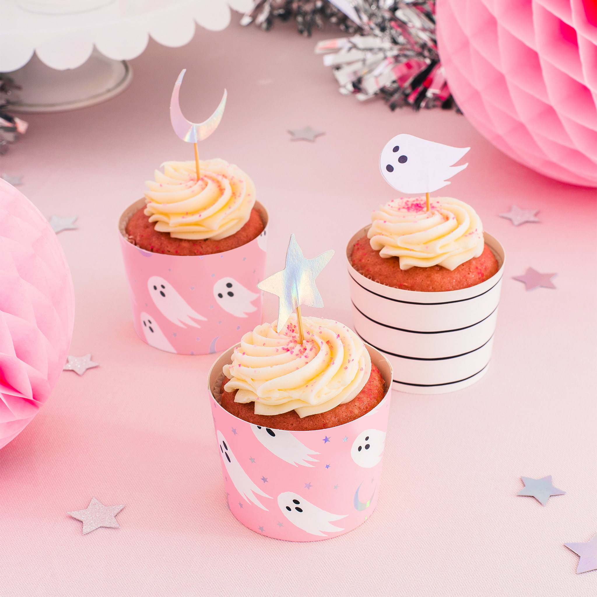 Jollity & Co. + Daydream Society – Großhandel Kuchen-/Cupcake-Topper – Spuktastisches Cupcake-Deko-Set mit holografischem Silber und Neonkoralle3