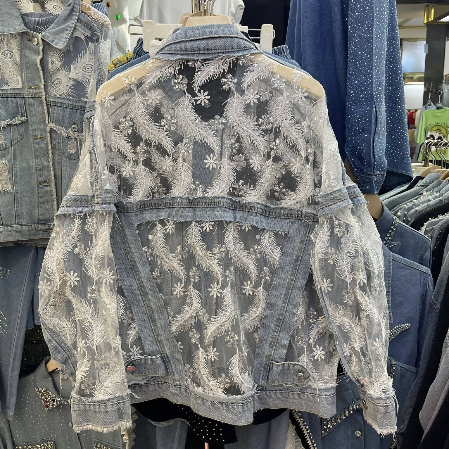 Blue M135 Double-Layer Lace Mesh Embroidered Denim Jacket for wholesale on Faire3