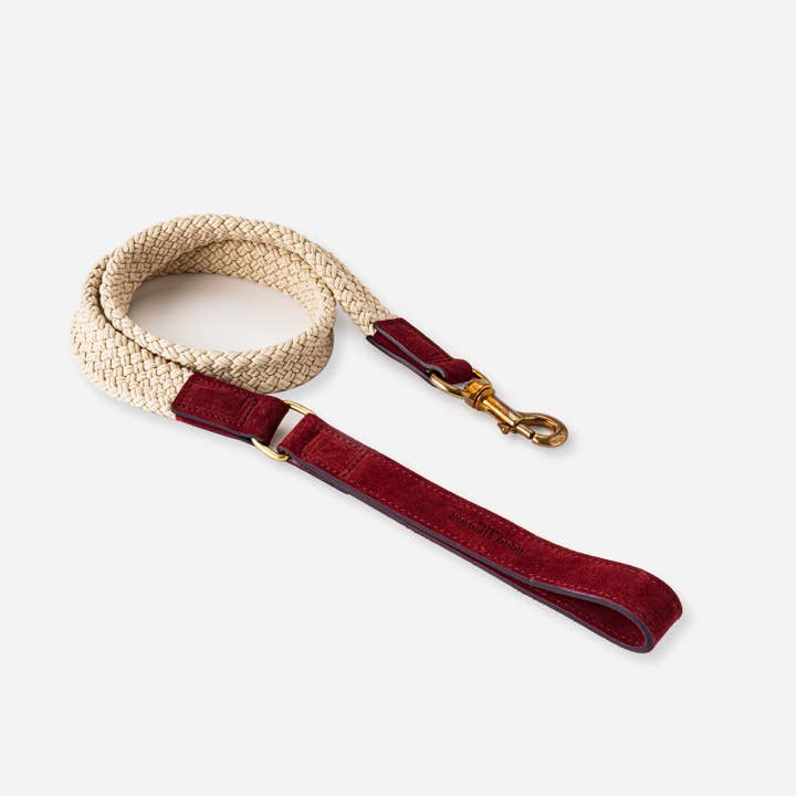 Flat Rope and Leather Dog Lead - Burgundy for wholesale by Hugo & Hudson