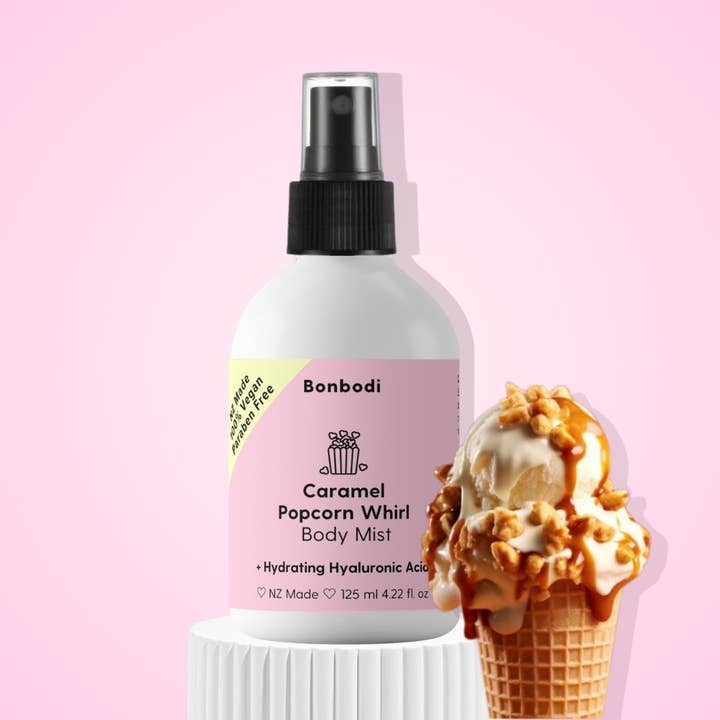 Bonbodi | The Bonbon Factory glow-up – Óleos essenciais/água para rosto e corpo por atacado – Pipoca de Caramelo Whirl Body Mist 🍦 (125 ml)1