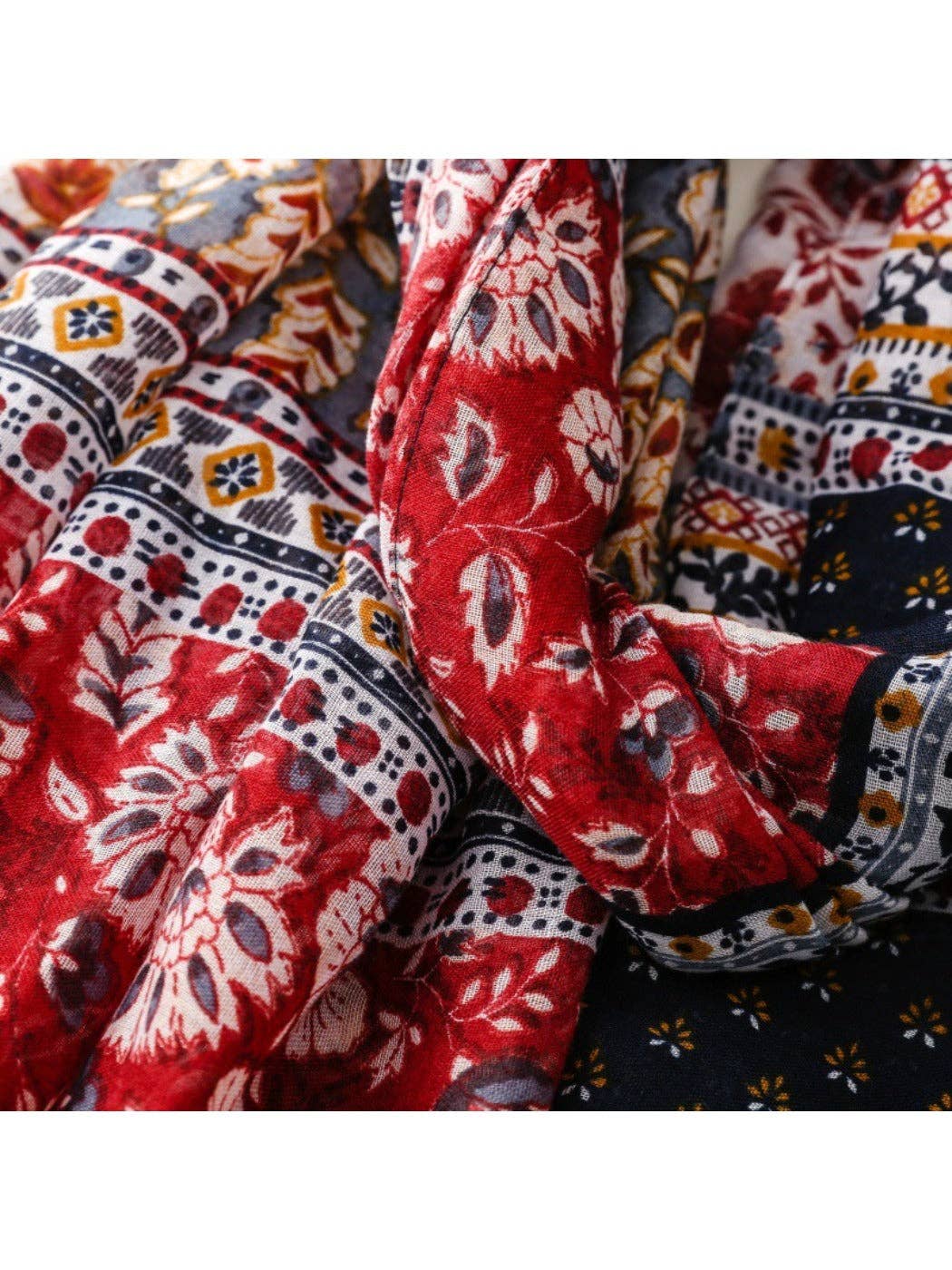 Red Scarvii - Bohemian Floral Geometric Tassel Scarf for wholesale on Faire5