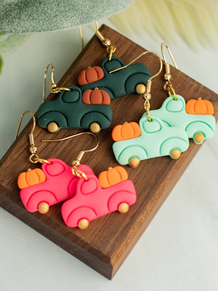 Pumpkin Truck Dangles - Fall Earrings for wholesale by EJ Clay Co