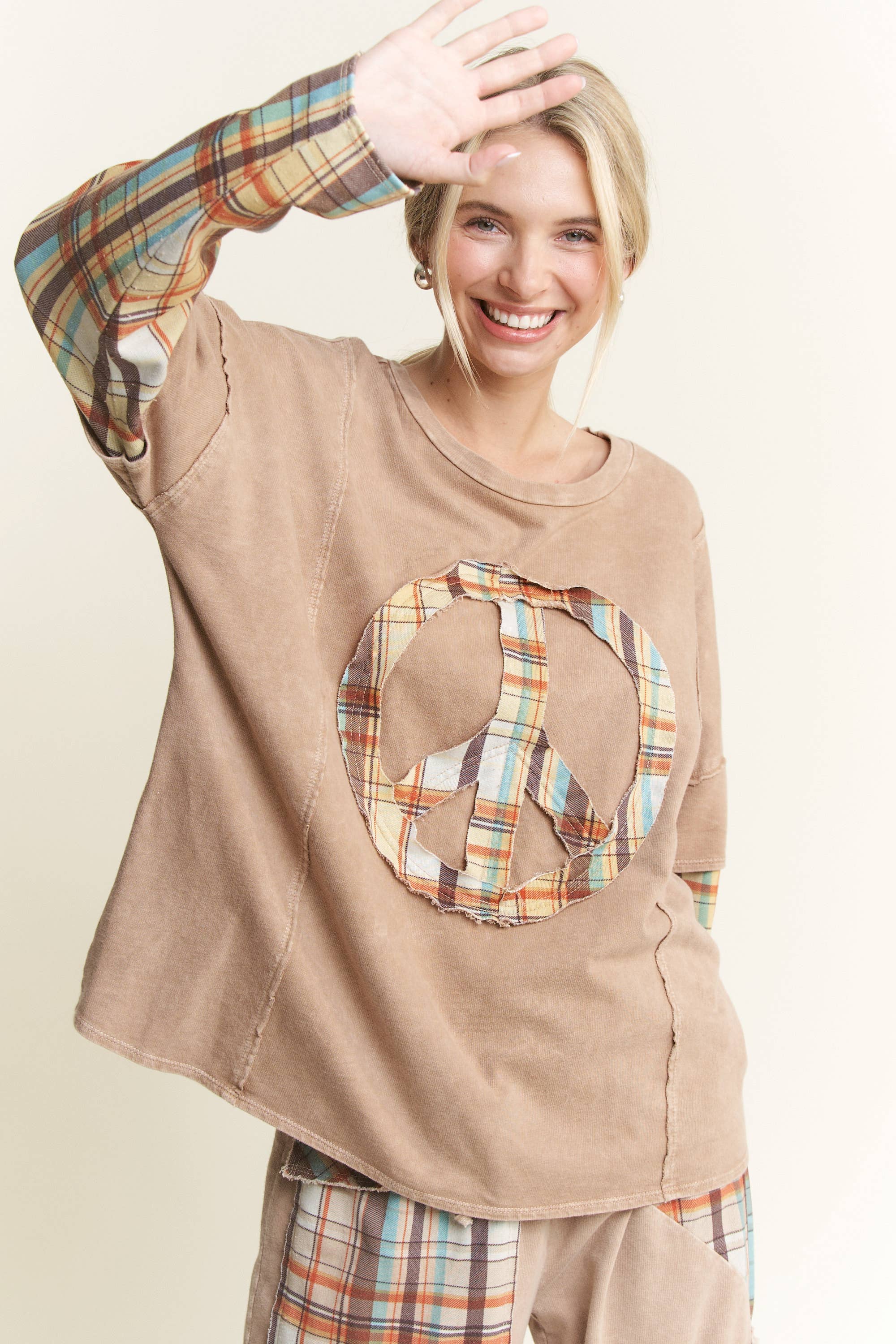 J.Her – Túnica - Mulher por atacado – MineralWash Xadrez PIECE acolchoado Top de mangas em camadas HT5987.7