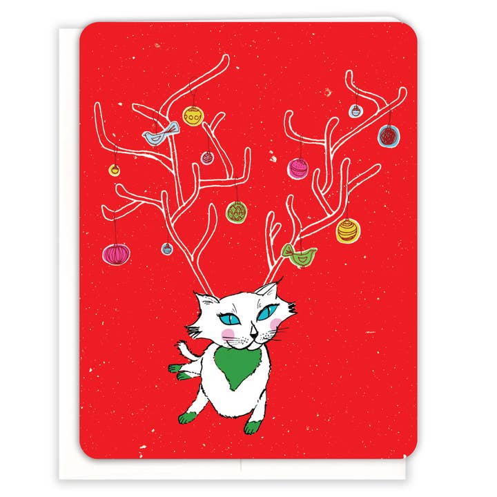 Cat Reindeer Christmas Card for wholesale by Paper Loop | Hand-Painted Greeting Cards