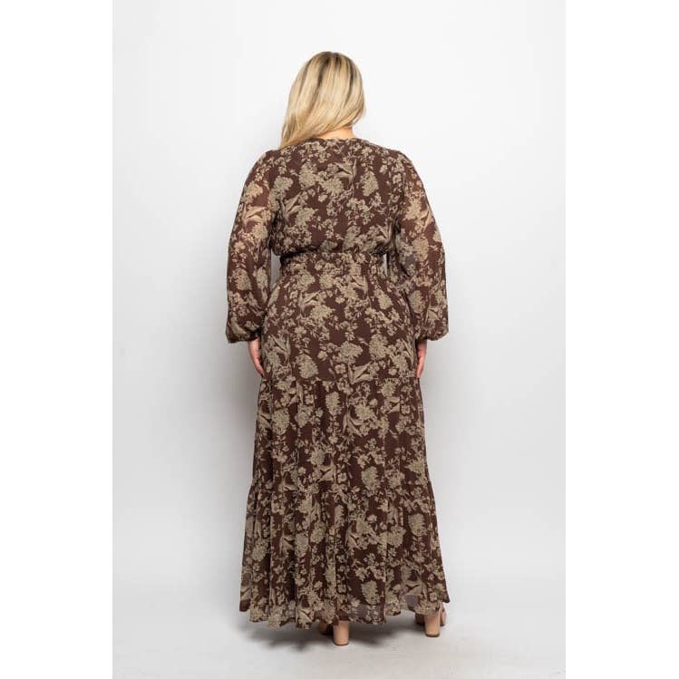 Curve Market - Wholesale Dress - Women's - PLUS SIZE CHIFFON FLORAL PRINT SMOCKED WAIST LONG SLEEVE POC1