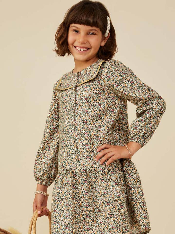 Flickor Vågig Twillkantad Sjömanskrage Tryckt Klänning för wholesale av Hayden LA