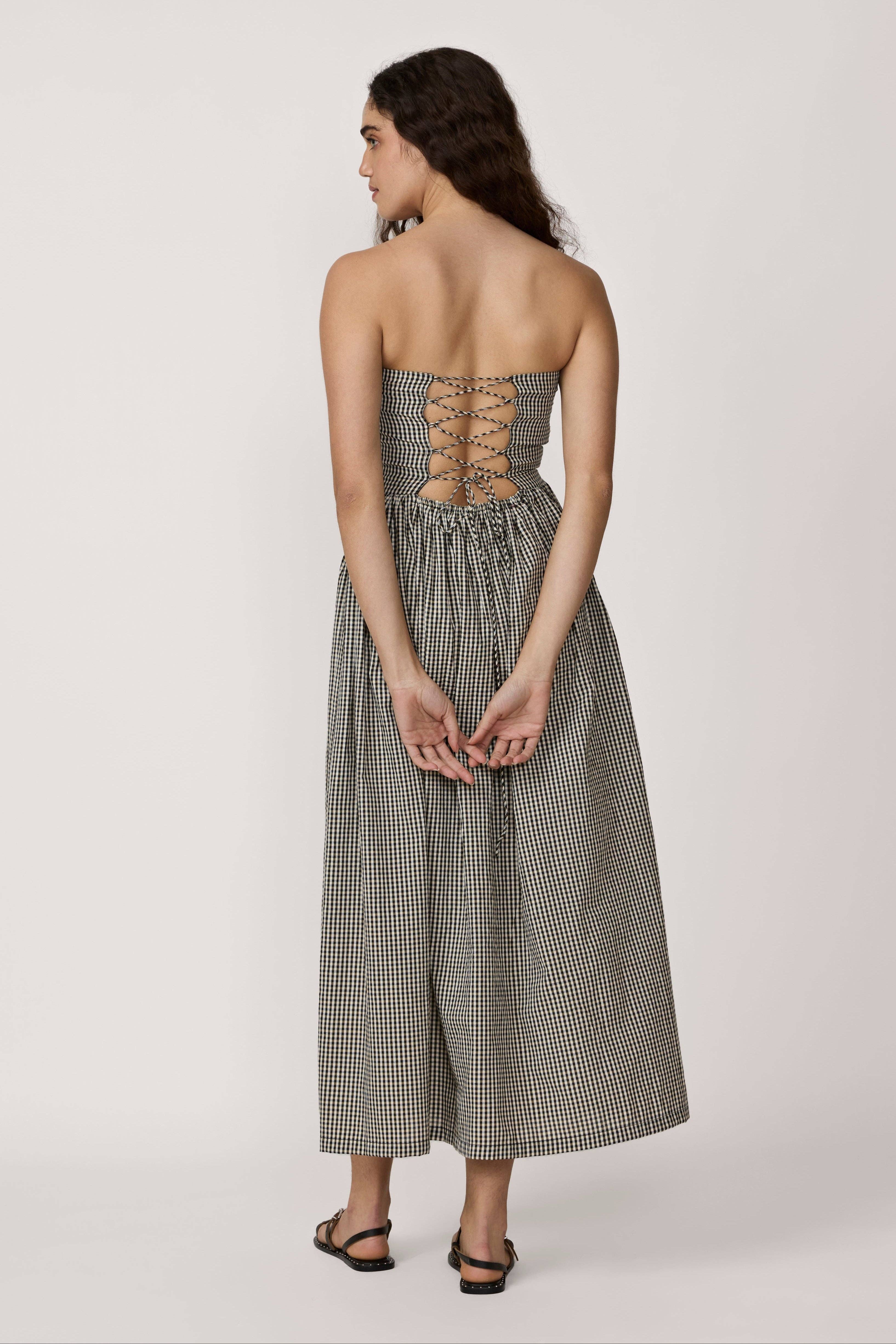 LAUDE the Label - Wholesale Dress - Women's - Strapless Tie Back Dress - Gingham1
