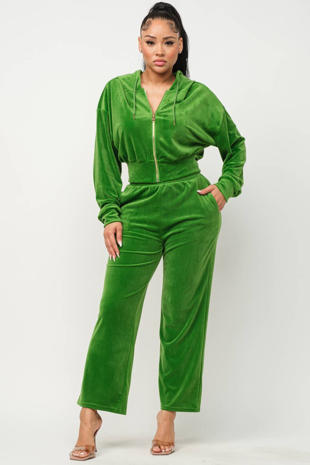 Drip DTLA - Wholesale Top & Pant Set (NOT Loungewear) - Women's - VELOUR HOODED JACKET AND JOGGER SET1