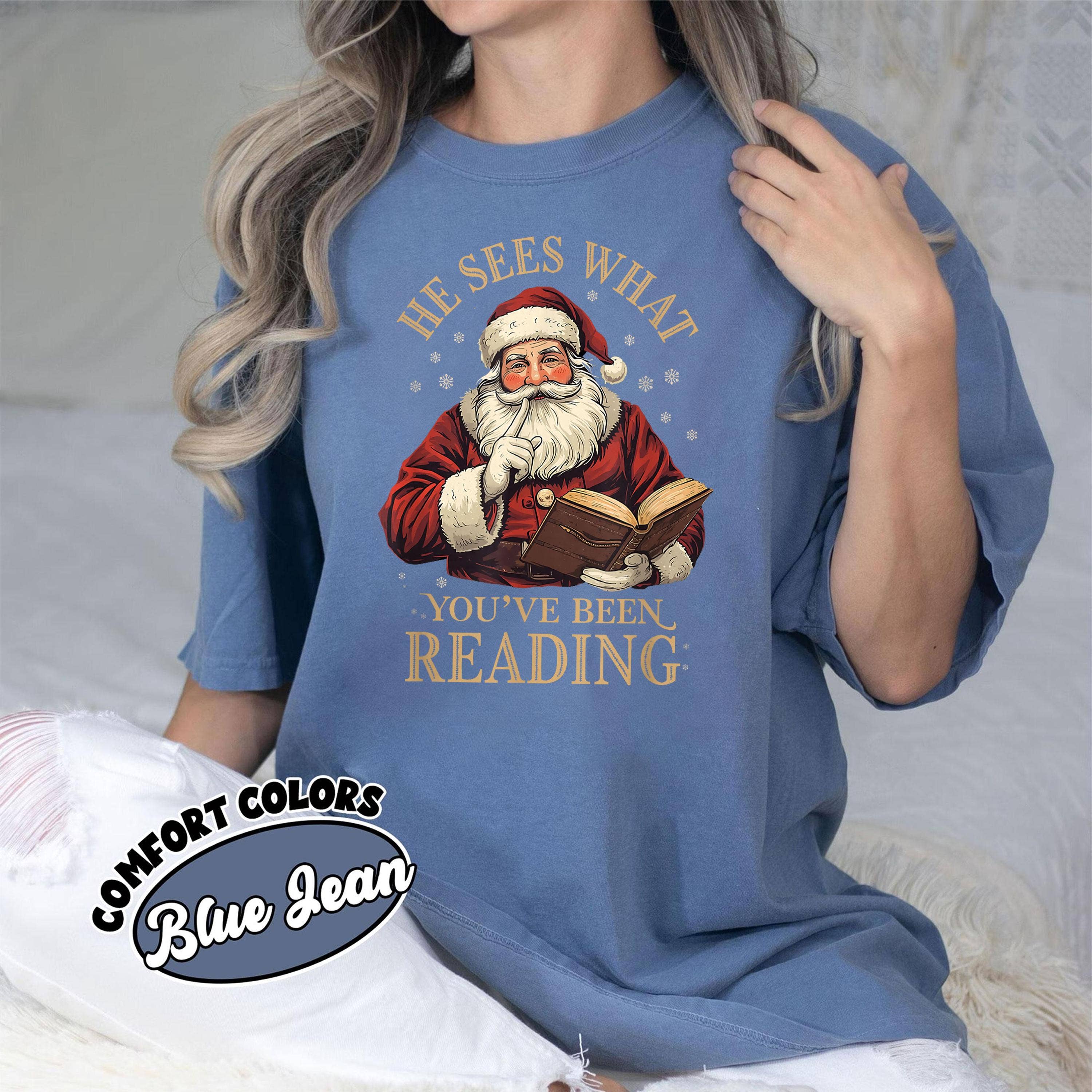 Glaime – wholesale T-shirt (graphic) – women's – Funny Bookish Christmas Santa Comfort Colors Sweater & Tee3
