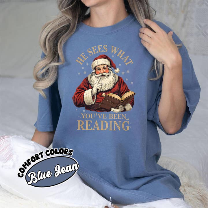 Glaime – wholesale T-shirt (graphic) – women's – Funny Bookish Christmas Santa Comfort Colors Sweater & Tee3
