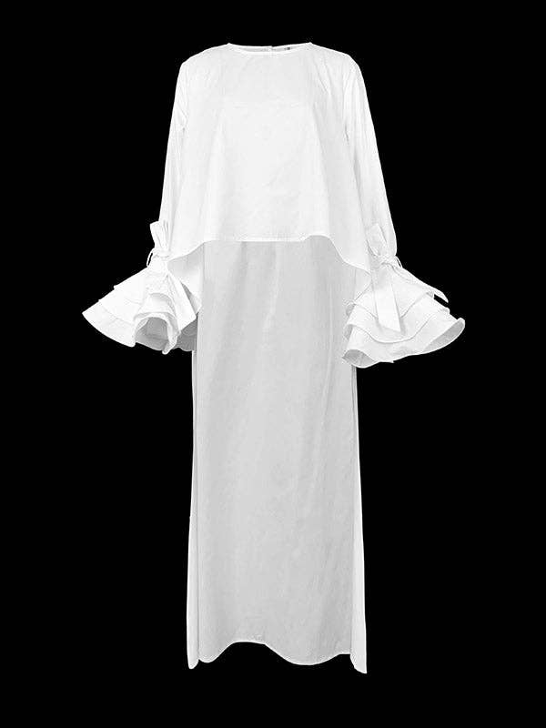WHITE High-Low Loose Solid Color Split-Joint Tiered Round-Neck Blouses&Shirts Tops for wholesale on Faire3