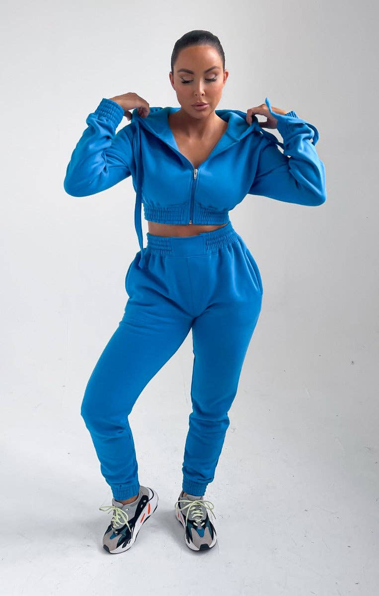 Femme Luxe - Wholesale Lounge Set - Women's - Blue Cropped Zip Front Elasticated Hem Hoodie And High Waisted Jogger Loungewear Set - Addisyn4