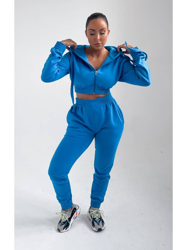 Femme Luxe - Wholesale Lounge Set - Women's - Blue Cropped Zip Front Elasticated Hem Hoodie And High Waisted Jogger Loungewear Set - Addisyn4