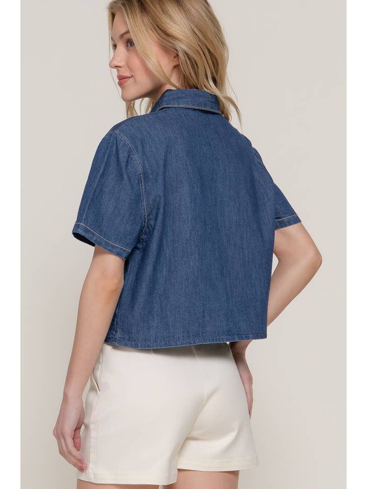 Blauw-donker denim Boxy spijkerblouse met korte mouwen voor groothandel op Faire