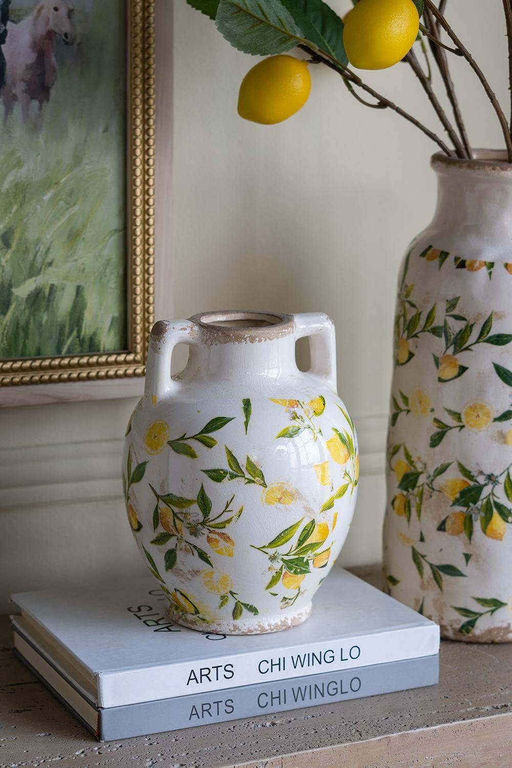 A&B Home Group Inc. - Wholesale Vase - 6.7x6.7x8.7" White Ceramic Vase w/ Lemon Motif Small Handles2