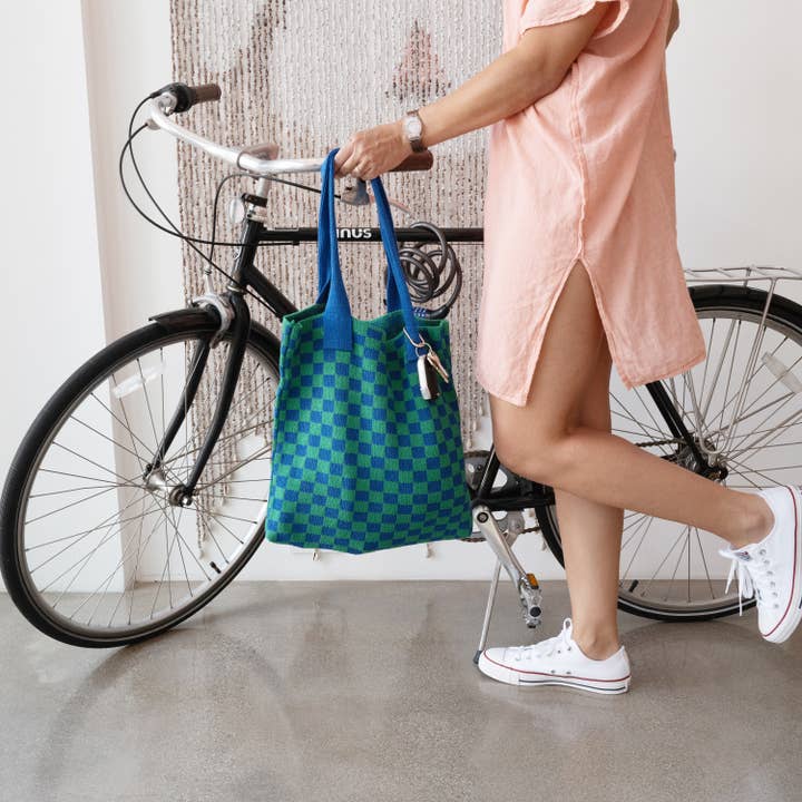 Blau-grün karierte Tragetasche - Waschbare Baumwollstrick mit Schlüsselring für den Großhandel von CASUPO