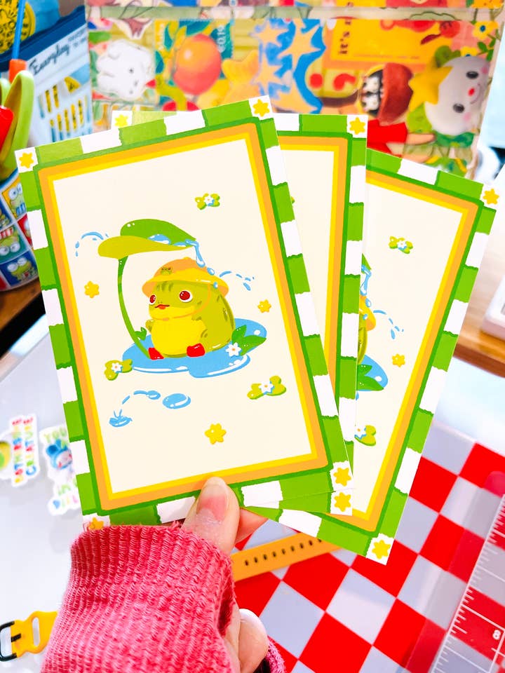 Froggy Rain Matte Illustrated print Postcard Kawaii cute for wholesale by PeachyxNoodle