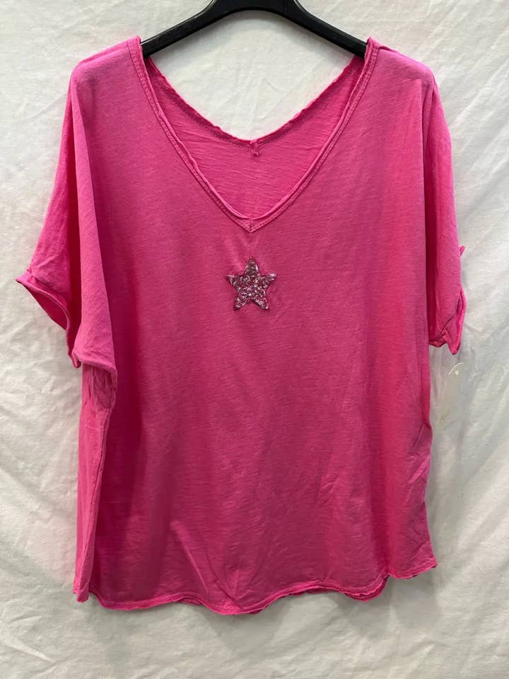 Mimi & Gogo – Großhandel T-Shirt – Damen – Damen-T-Shirt mit doppeltem V-Ausschnitt und Paillettenstern4