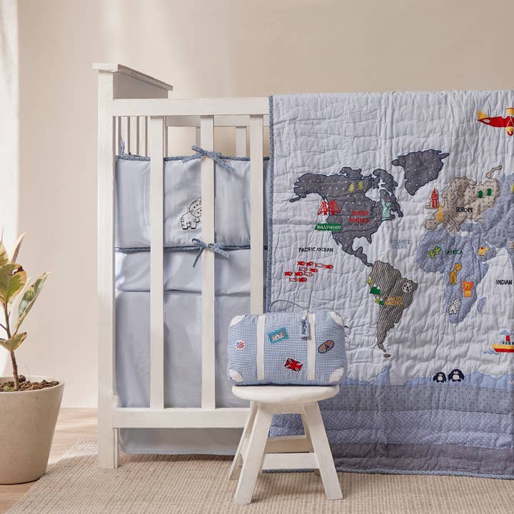 My World (Travel) Blue Baby Toddler Quilt for wholesale by Little West Street